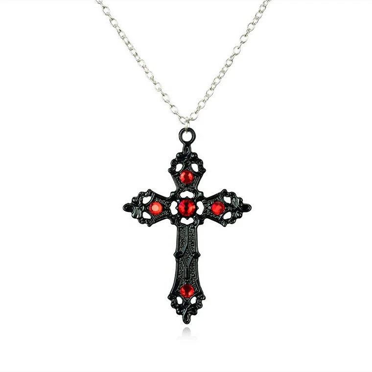 Black Cross Necklace With Enamel Rose And Crystal