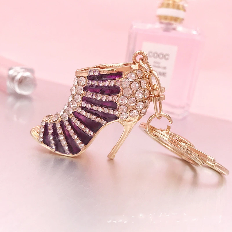 Metal Rhinestone Striped High Heels Keychain
