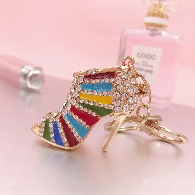 Metal Rhinestone Striped High Heels Keychain