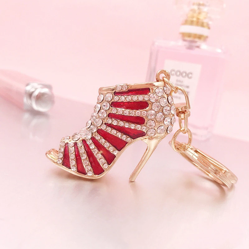 Metal Rhinestone Striped High Heels Keychain