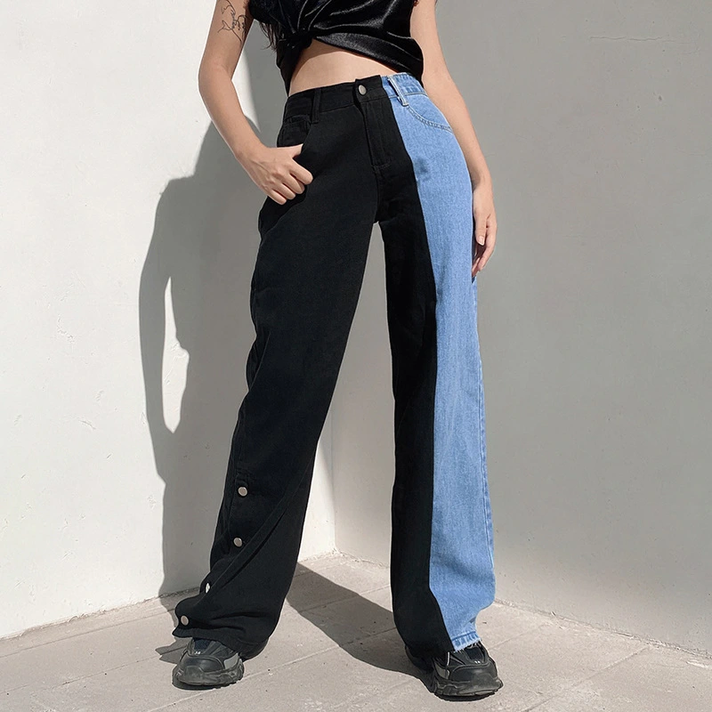 Contrast Stitching High-waisted Thin Wide-leg Jeans