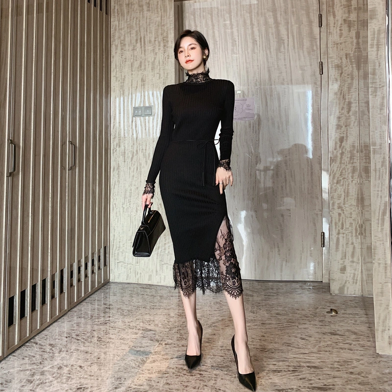 New Fashion Black Slim-fit Base Knitted Dress