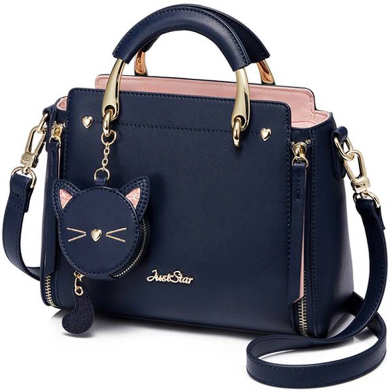 Cute Funny Funny Cute Handbag Blue Leather Cat Embroidery