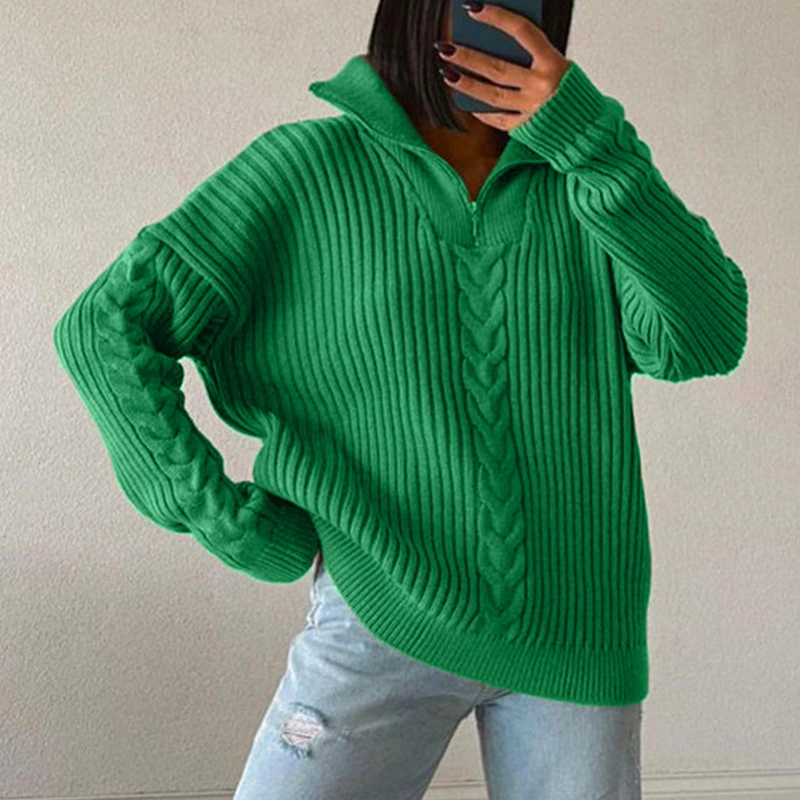 Ladies All-match Solid Color Knitted Zipper Pullover