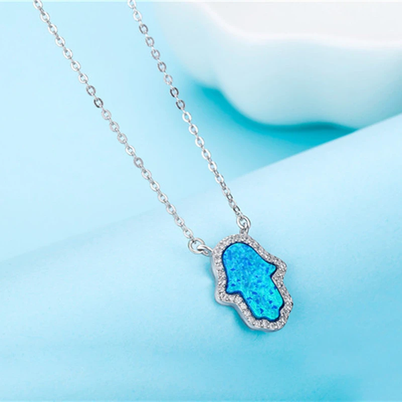 Opal Necklace In Sterling Silver Palm Shape