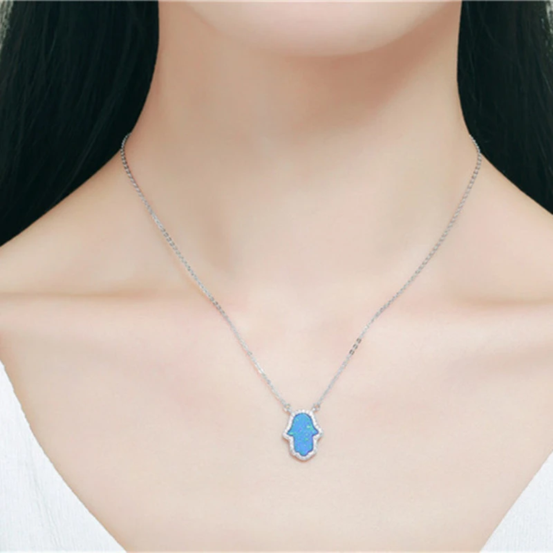 Opal Necklace In Sterling Silver Palm Shape