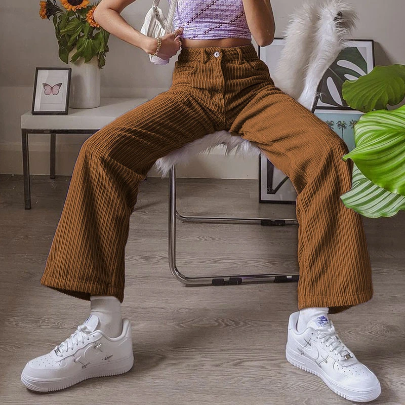 Women's corduroy plain casual straight-leg pants