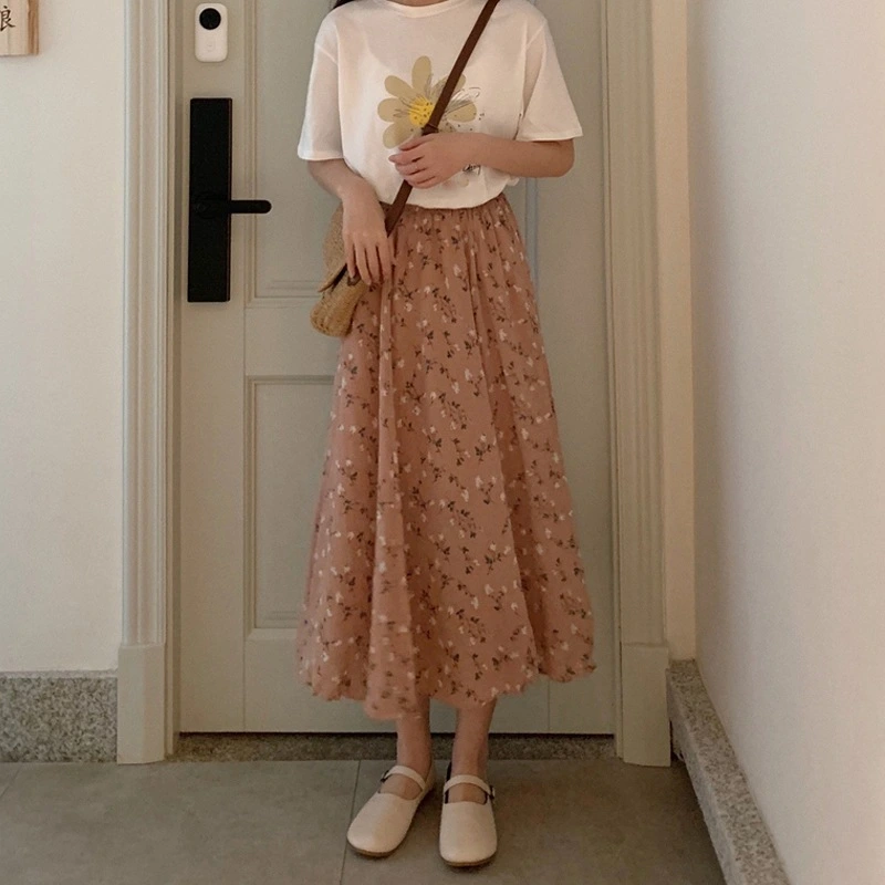 Floral New Fresh High Waist Slimming Korean-style Midi A- Line Skirt