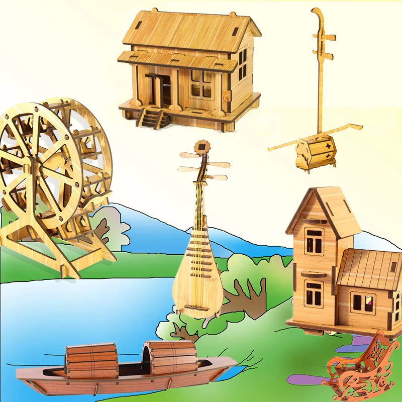 Wooden 3D Stereo Puzzle Small House Building Assembly Model DIY Ornaments