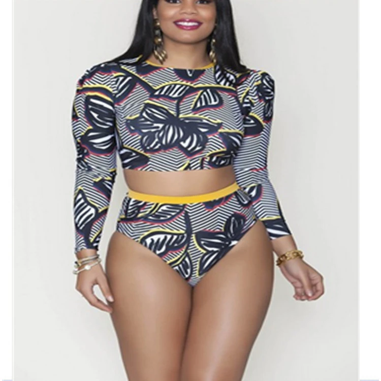 Printed long sleeve high waist split bikini