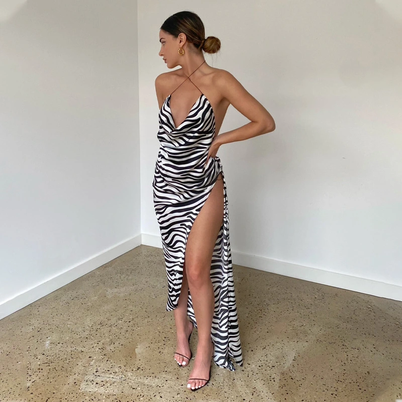 Zebra Pattern Sexy Split Halter Dress Women