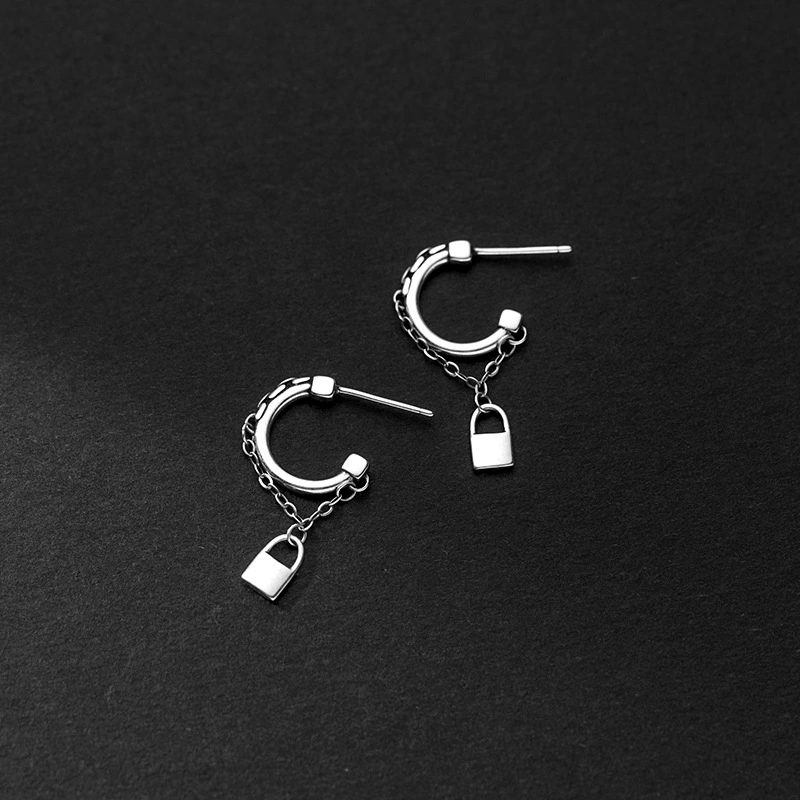 Vintage Style Thai Silver Small Lock Earrings Chain C-shaped Earrings