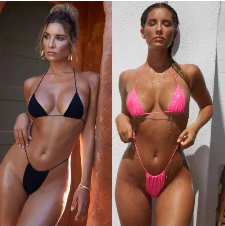 Pure Color Gathered Tether Sexy Bikini Split Swimsuit