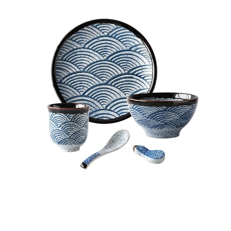 Sea Ripple Restaurant Restaurant Tableware Set Hotel Ceramic Rice Bowl Bone Dish Soup Spoon Tea Cup