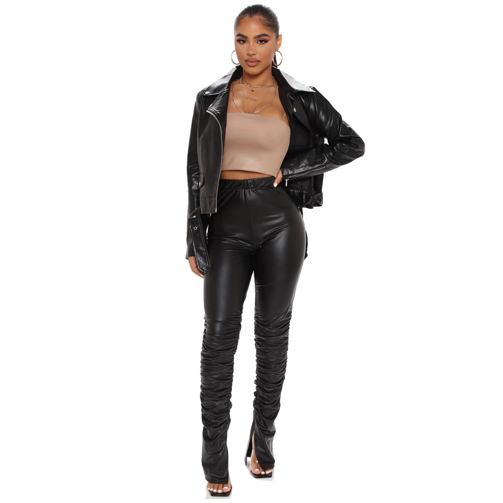 Fashion Sexy High Waist Skinny Pleated Split PU Leather Pants