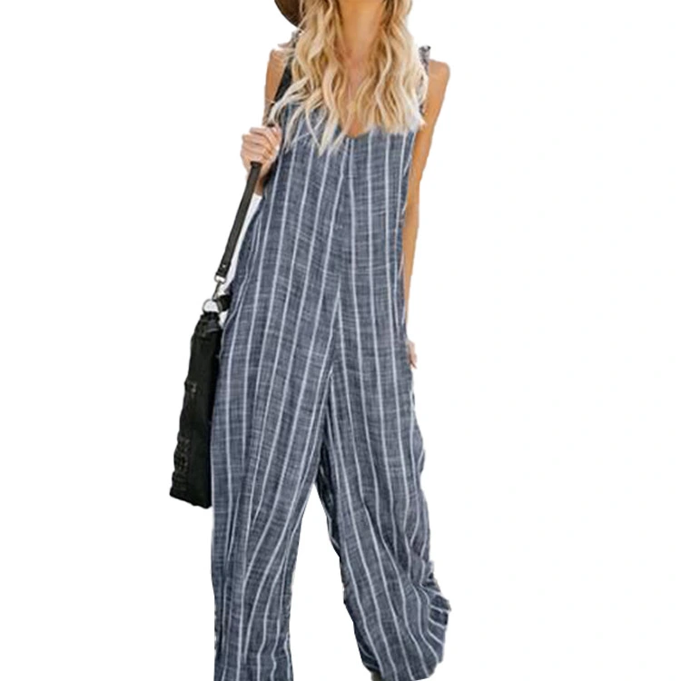 Summer Women's Striped Cotton One-Piece Wide-Leg Pants