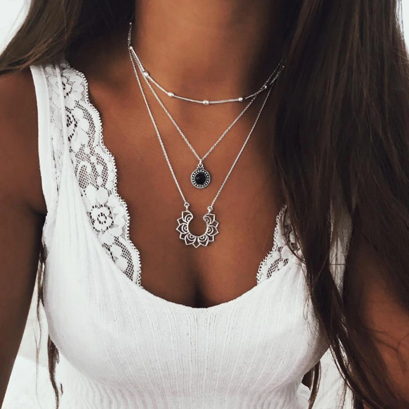 Trendy Retro Silver Multi-layer Women's Lotus Pendant Necklace