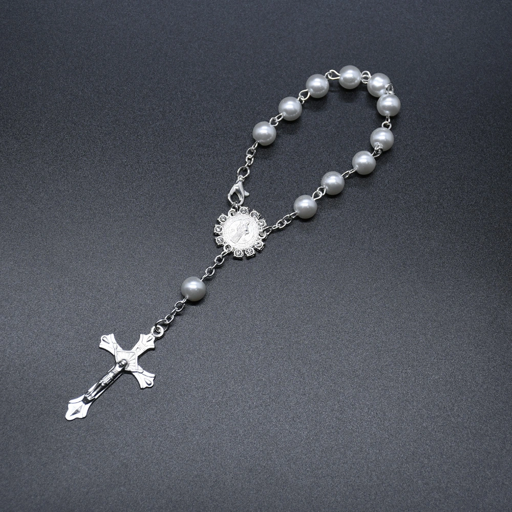 Virgin Mary Cross Bracelet With Pearl Rosary