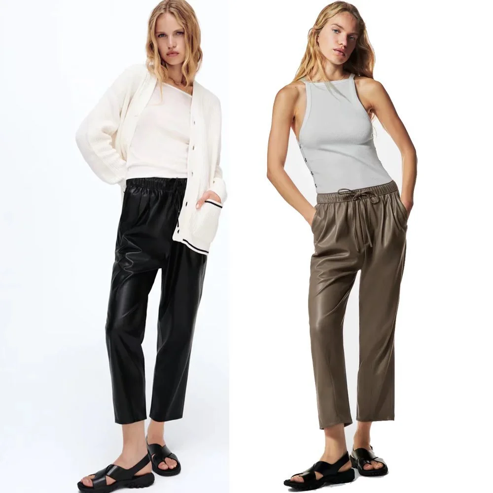 Pure Color Elastic Waist Long Casual PU Leather Pants