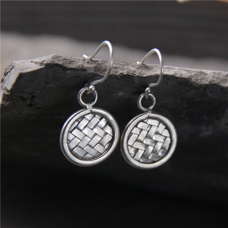 Round Badge 925 Sterling Silver Braided Earrings