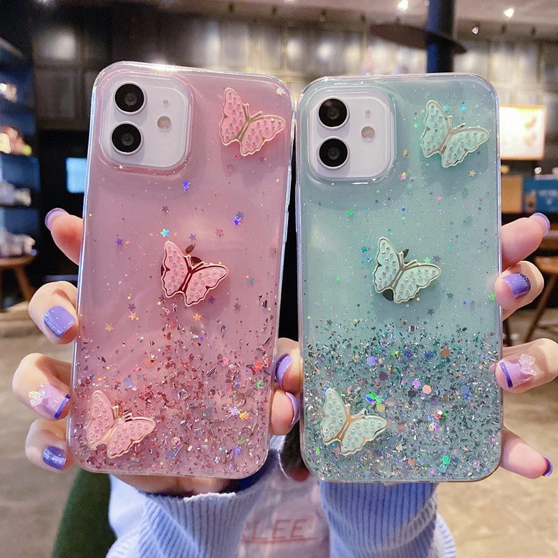 Applicable Phone Case Three-dimensional Diamond-inlaid Butterfly Shimmering Powder Sequins Epoxy Protective Case