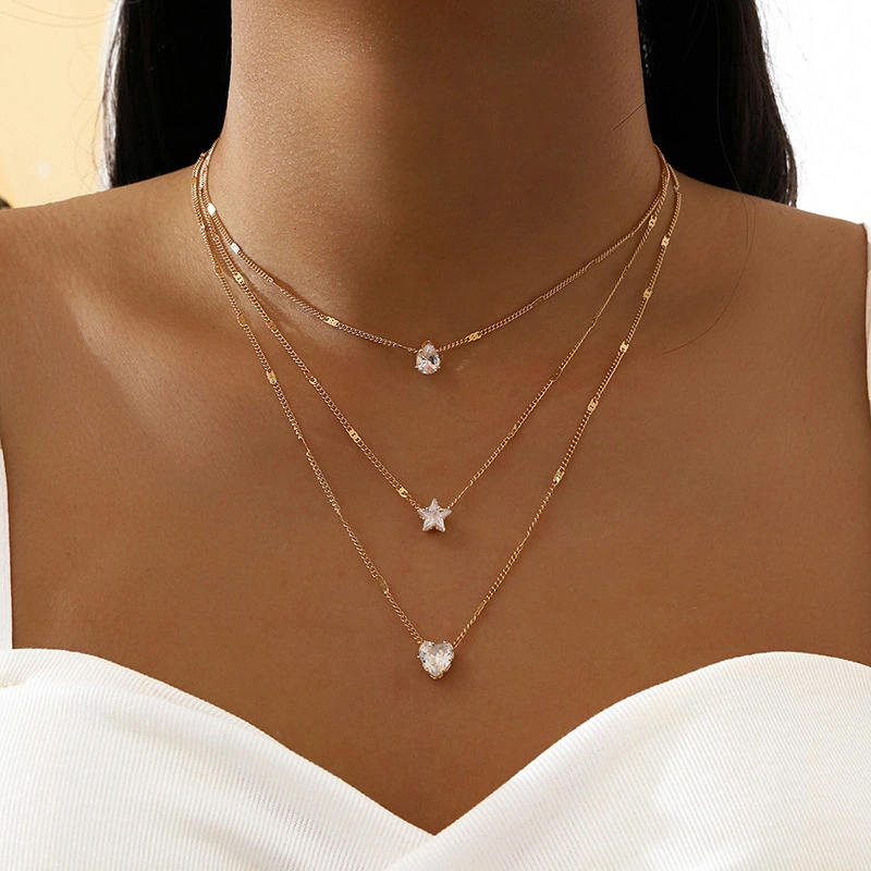 Fashion Simple Multi-layer Five-pointed Star Heart Water Drops Pendant Vintage Necklace Clavicle Chain