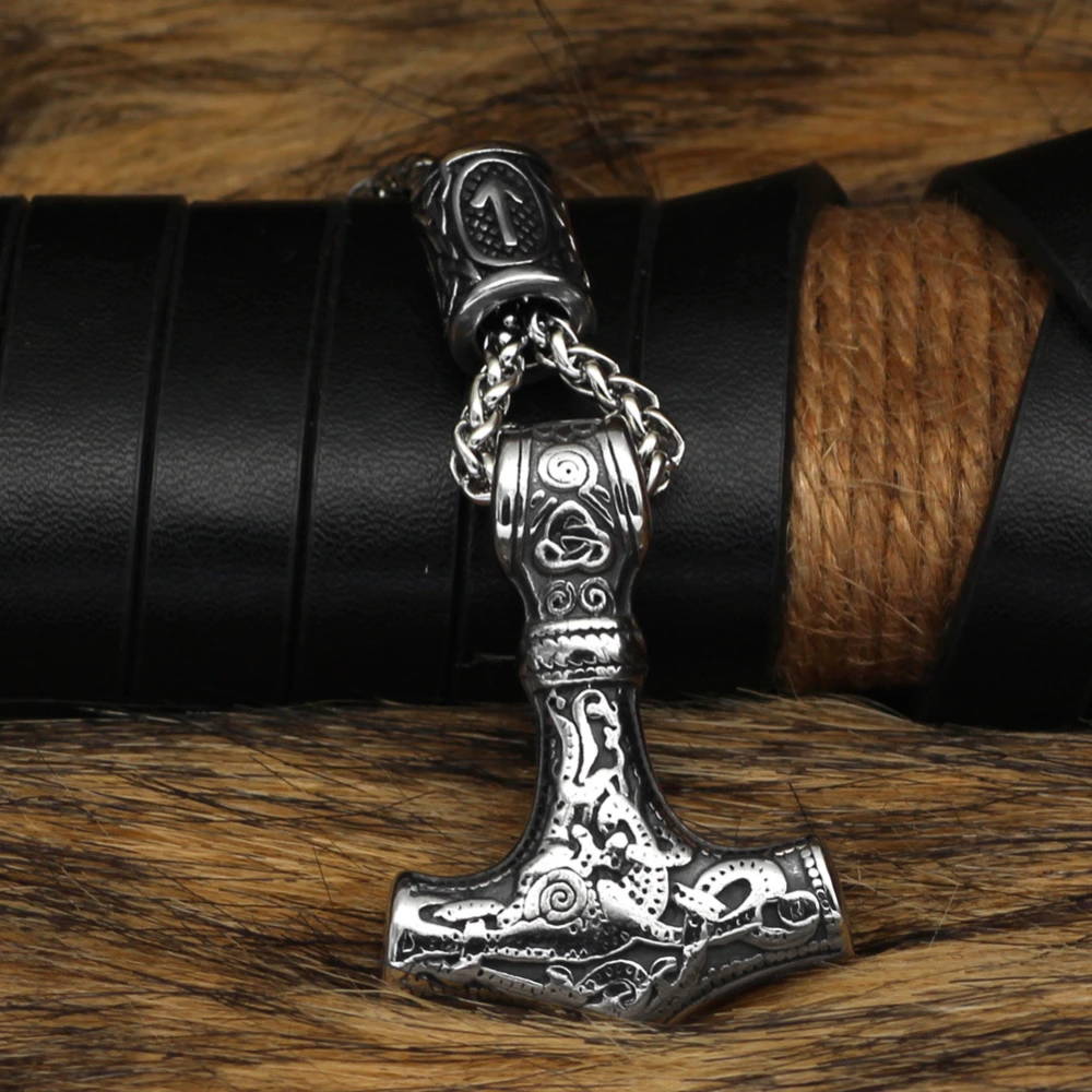 Viking Men's Stainless Steel Pendant Celtic Wolf Gold Thor's Hammer