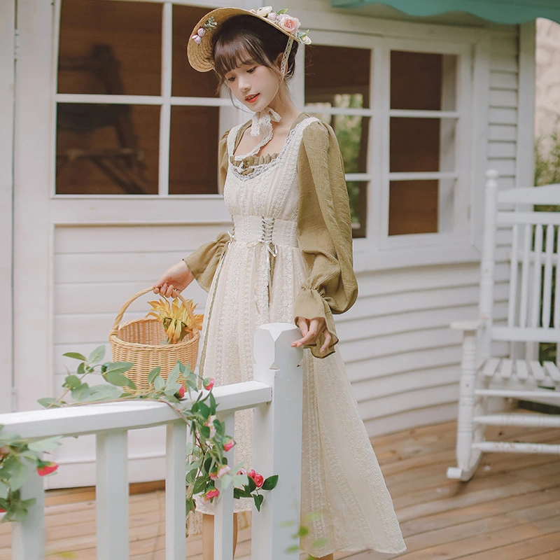 Women's Retro Waist Long-sleeved Jumpsuit Mid-length Dress