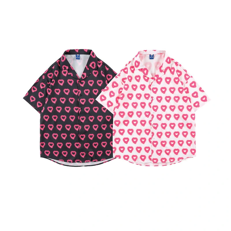 Wukong In Stock Summer Harajuku Style Love Full-Print Short-Sleeved Shirt Men'S Street Fashion Loose Casual All-Match Shirt