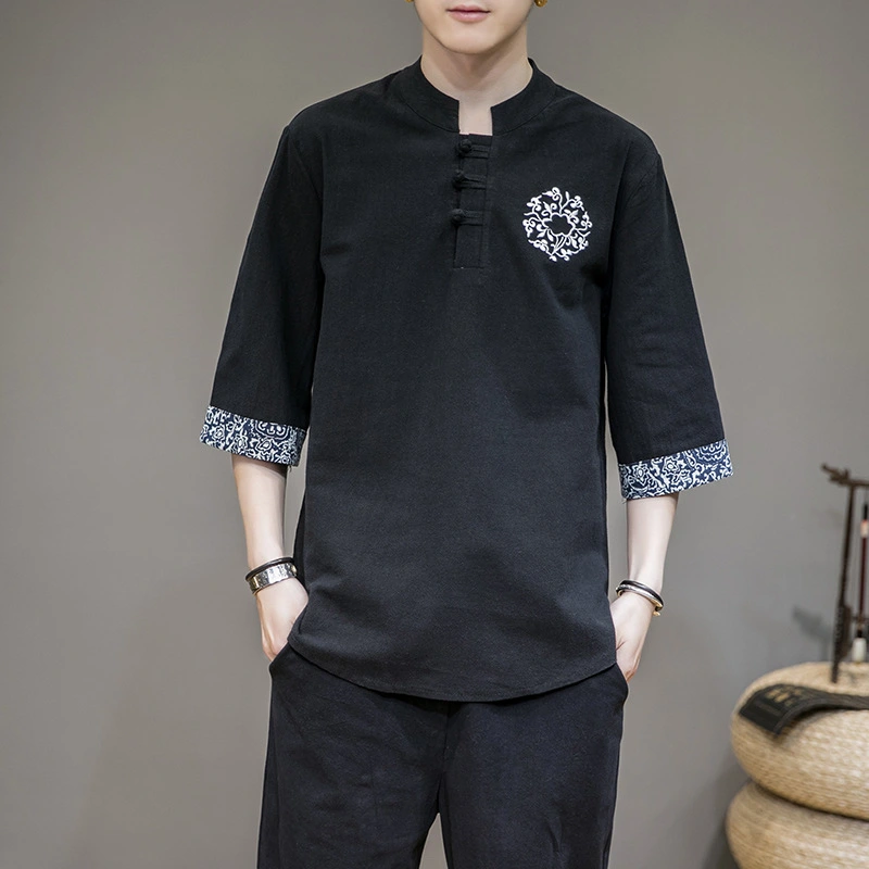 Cotton and linen embroidery short sleeves