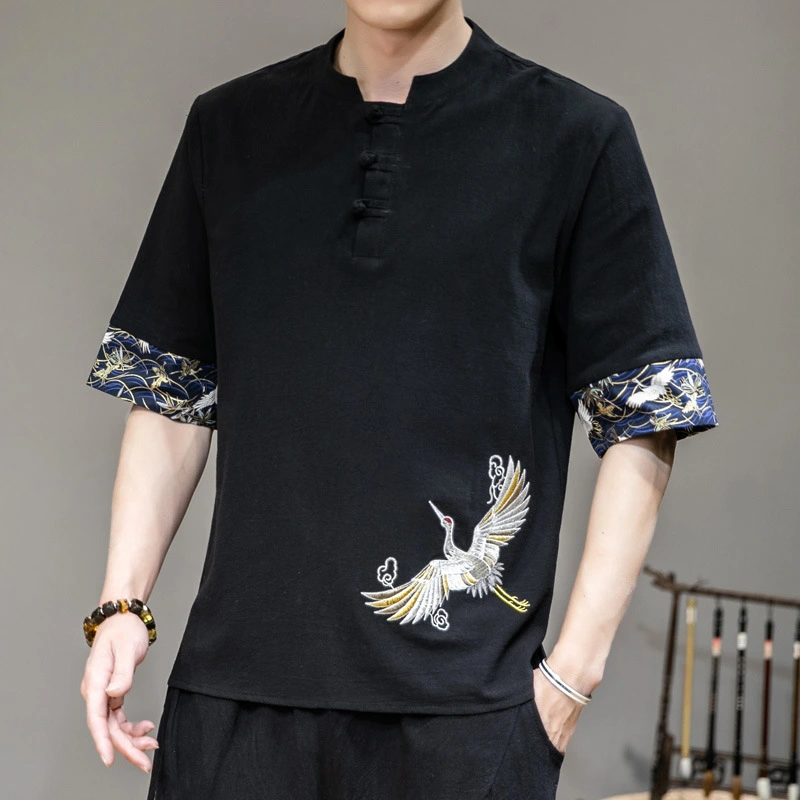 Summer Chinese Style Crane Embroidery Thin T-shirt