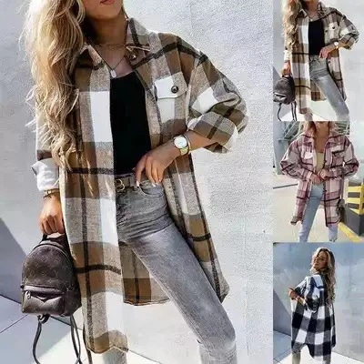 New European And American Fashion Plaid Shirt Mid-length Coat