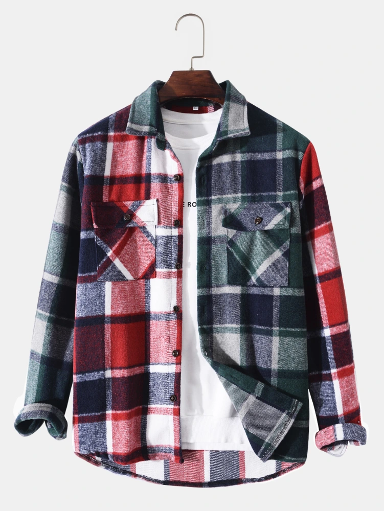 Fashion Lapel Long-sleeved Plaid Men's Shirt