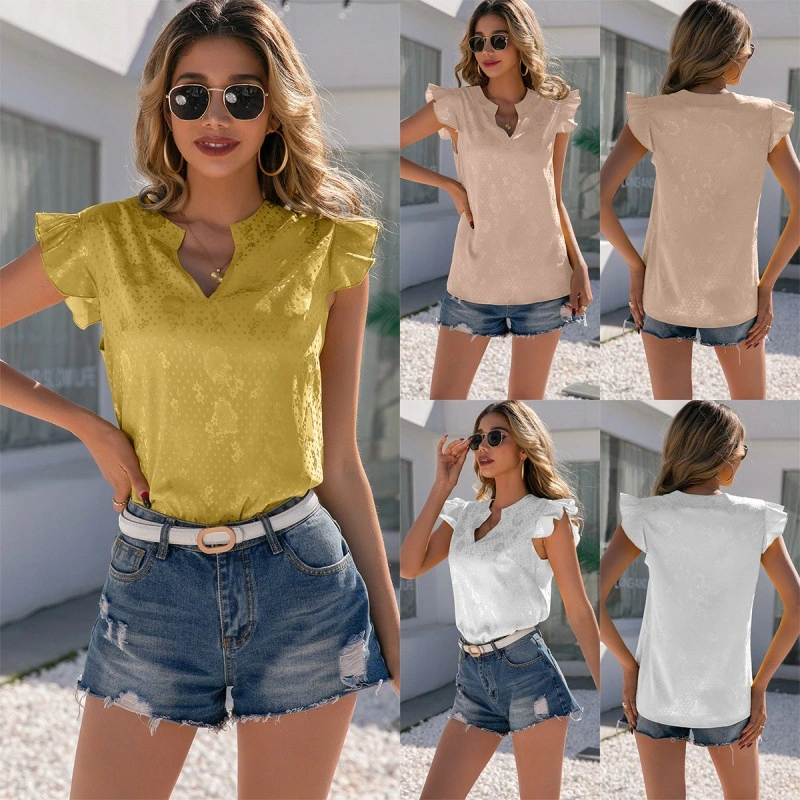 Satin V-neck Lotus Leaf Sleeve Pullover Shirt
