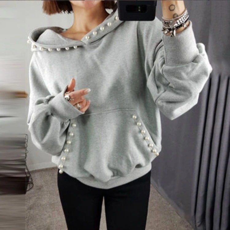 Women's Hooded Beaded Pullover And Fleece Sweatshirt Jacket