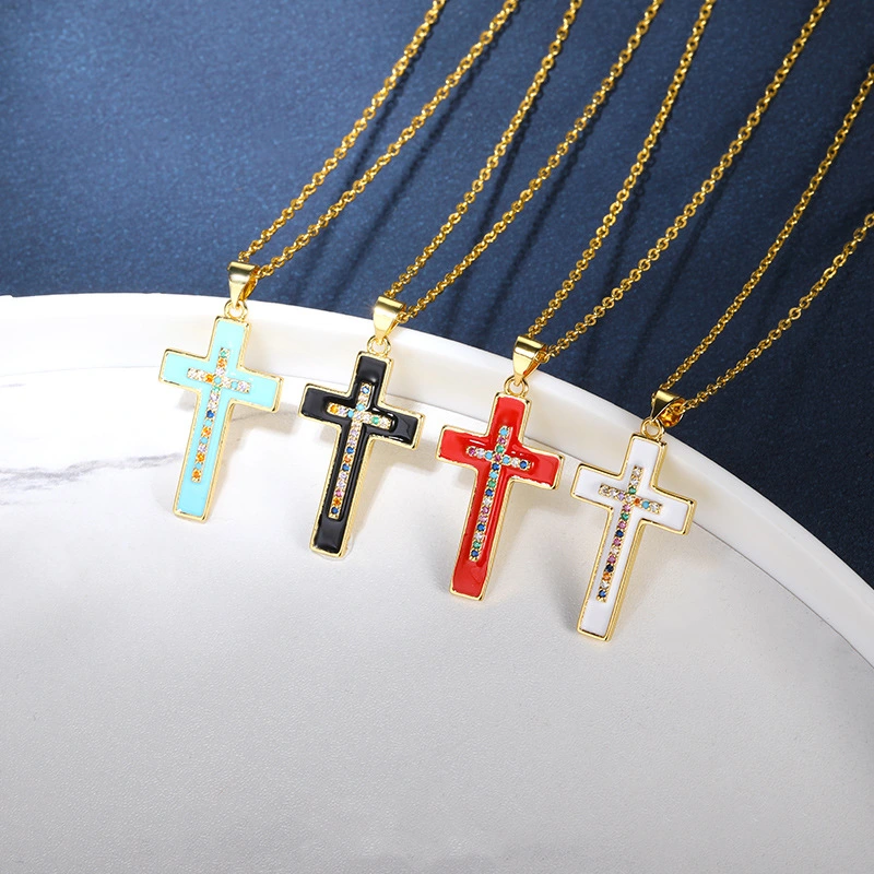 Oil Dropped Fancy Diamond Cross Necklace