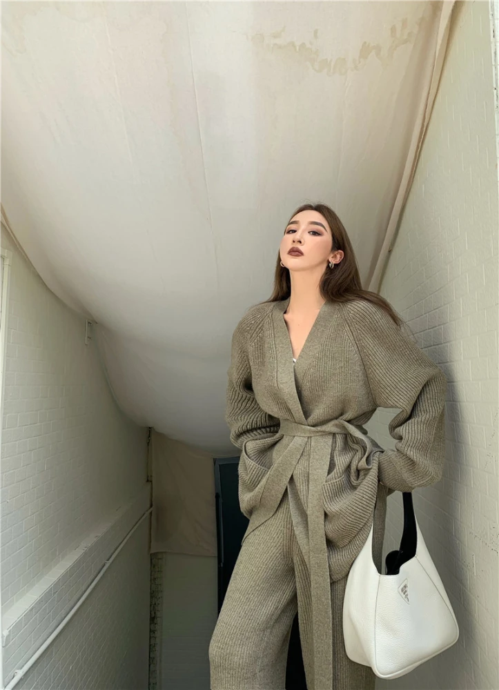Loose Knit Sweater High Waist Straight Wide Leg Trousers