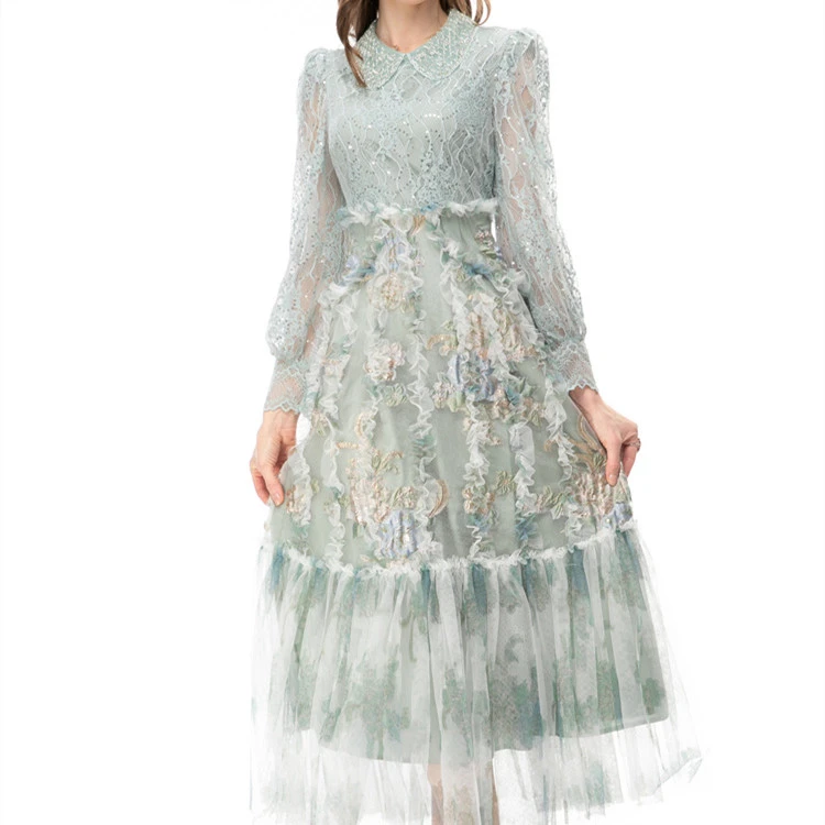 And French Style Street Shot Socialite Beaded Lace Embroidered Mesh Dress