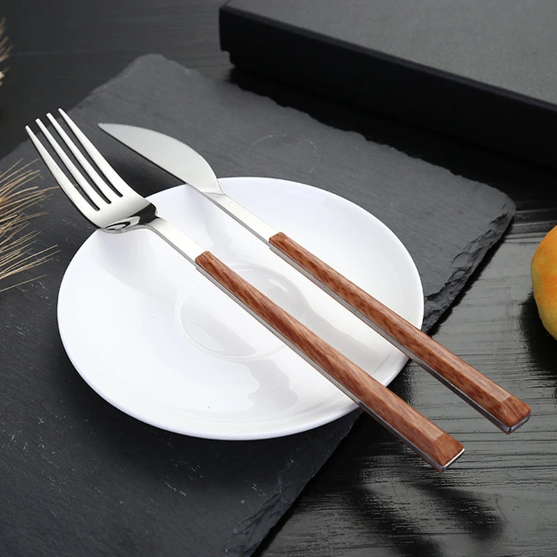 Stainless Steel Wood Grain Square Handle Western Cutlery Spoon Steak