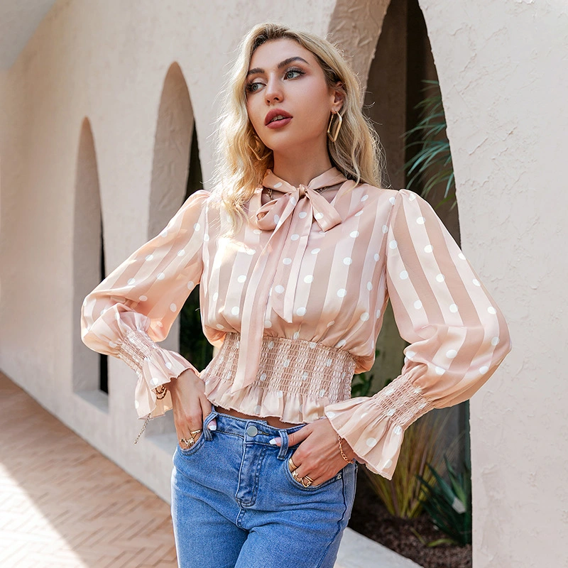 Elegant Polka Dot Lace Blouse Long Sleeve Women's Short Top