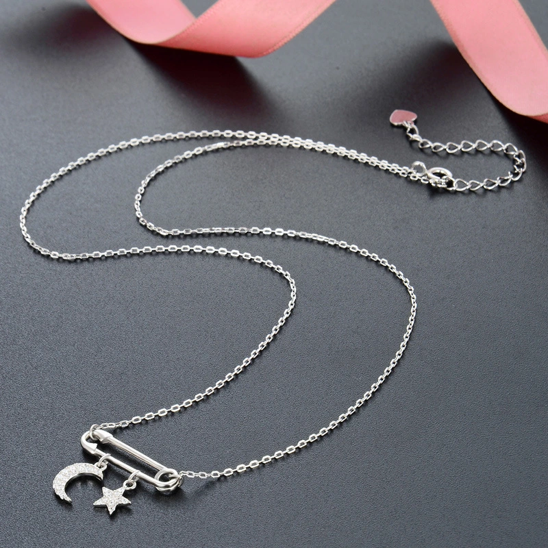 S925 Silver Brooch Necklace Short Simple Moon Pendant