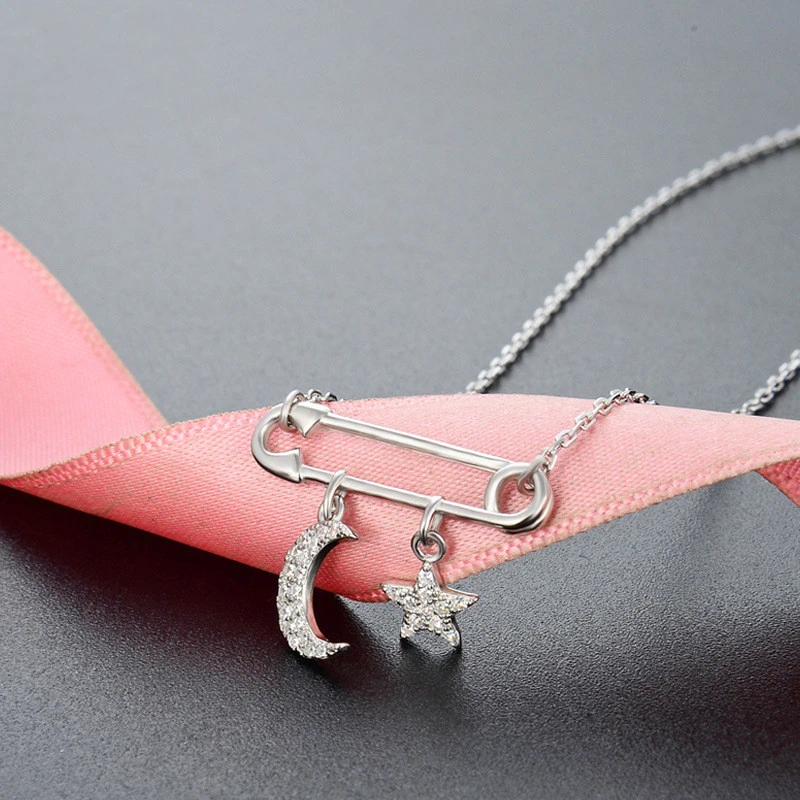 S925 Silver Brooch Necklace Short Simple Moon Pendant