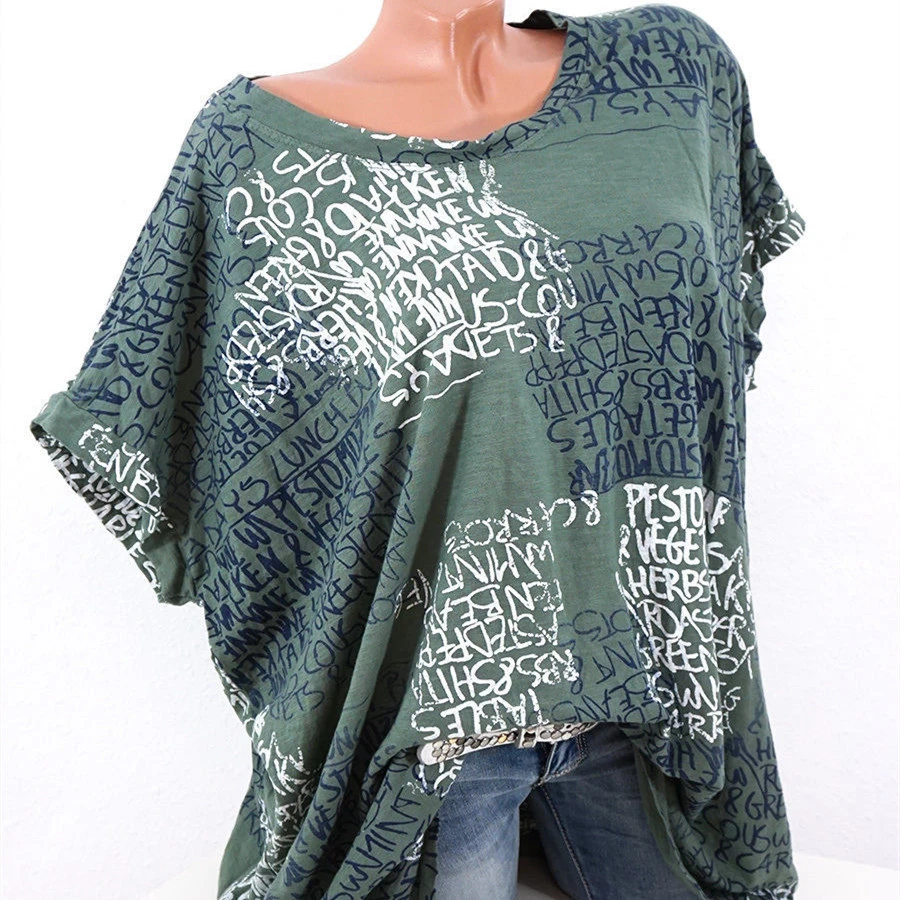 Loose Letter Print T-shirt Casual Plus Size Top Women