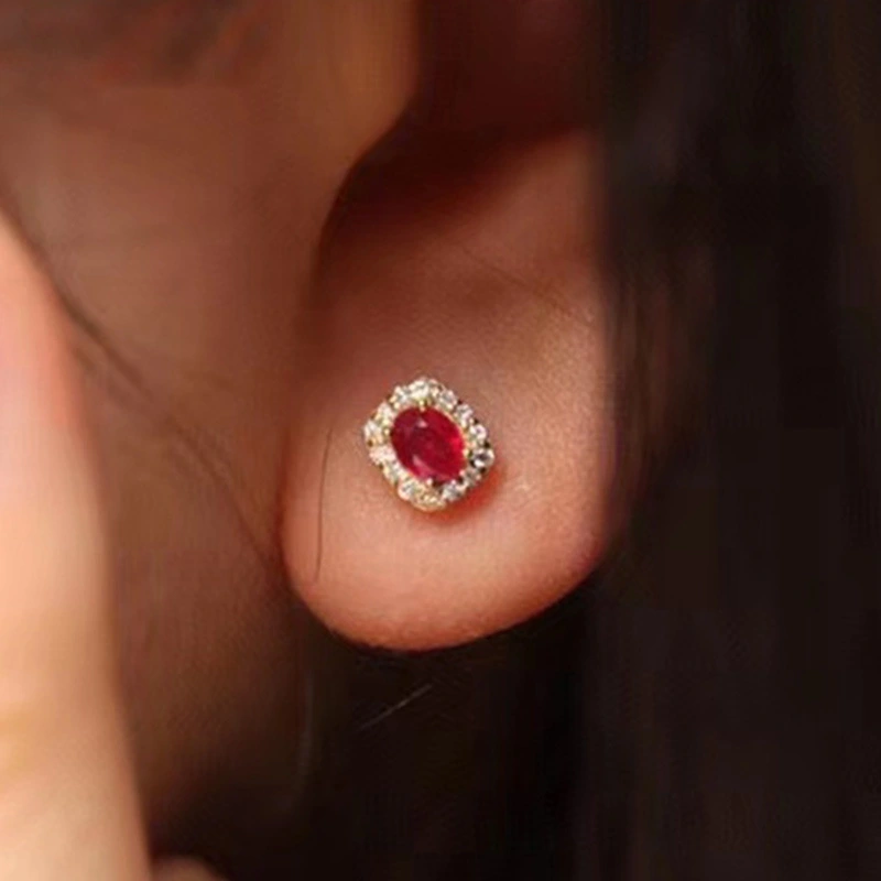 Vintage Red Corundum Zircon Stud Earrings