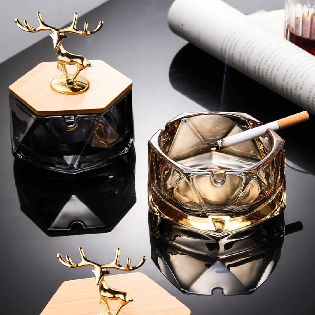 Household Glass Ashtray With Cover Anti Fly Ash Luxury Creativity