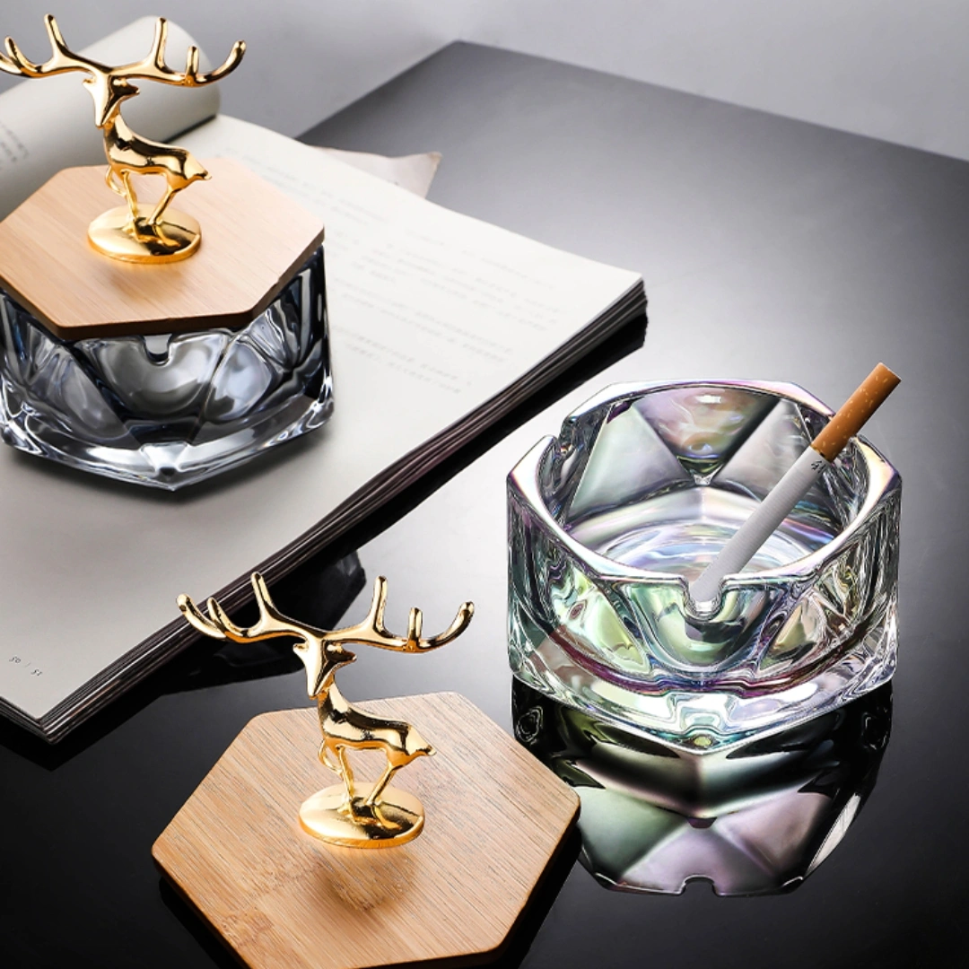 Household Glass Ashtray With Cover Anti Fly Ash Luxury Creativity