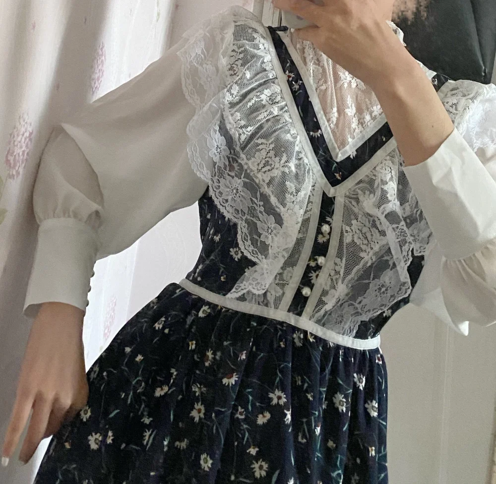Vintage 30s Lace Stitching Floral Print Dress
