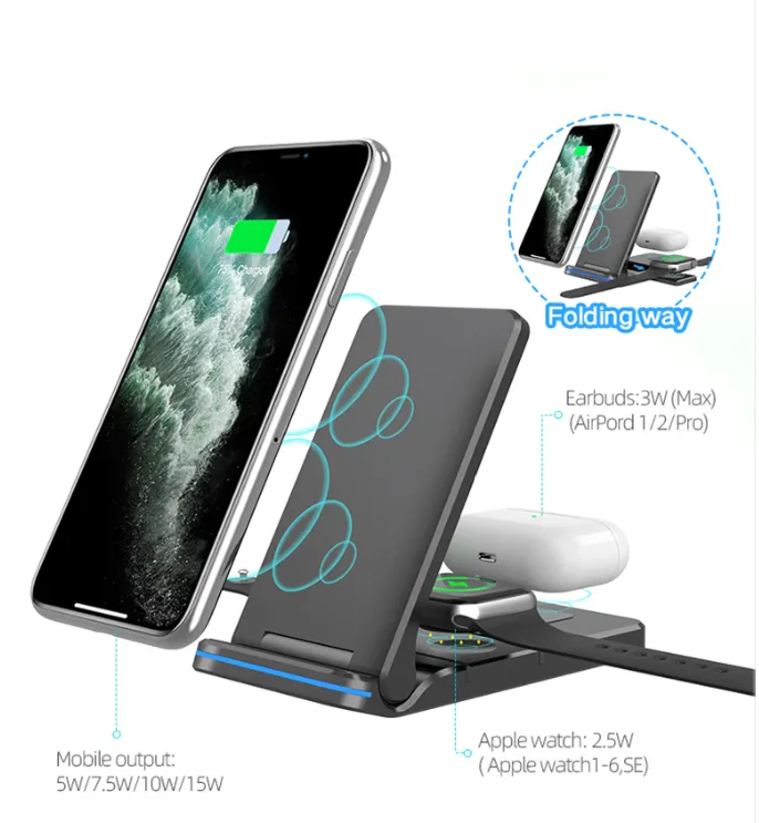 Cellphone 15w foldeable Qi Wireless Charger Portable 3 in 1