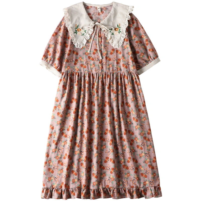 Embroidered Collar Cotton Mori Dress