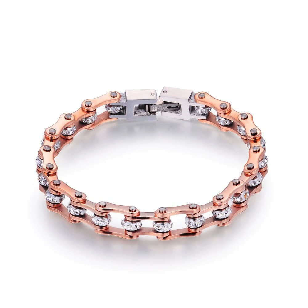 SDA 7mm Width Rose Gold Crystal Bike Chain Bracelets 316L Stainless Steel